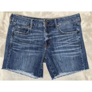 American Eagle Outfitters Jean Shorts Sz 10 Boy Midi Mid Rise Dark Wash Cut Off